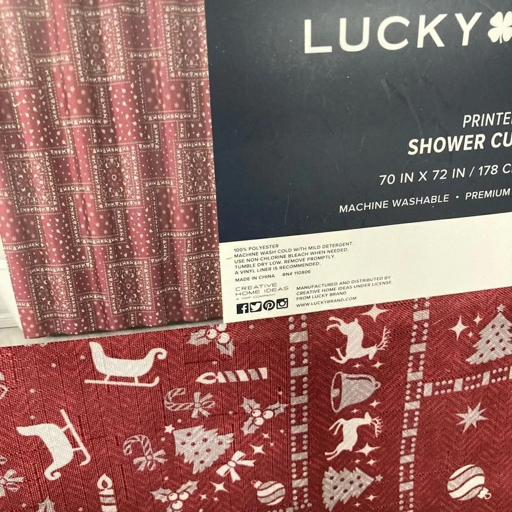 Lucky Brand Red Reindeer Print Christmas Fabric Shower Curtain